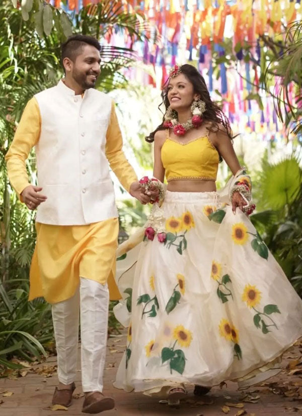 Handpainted Ivory Silk Organza Sunflower Lehenga