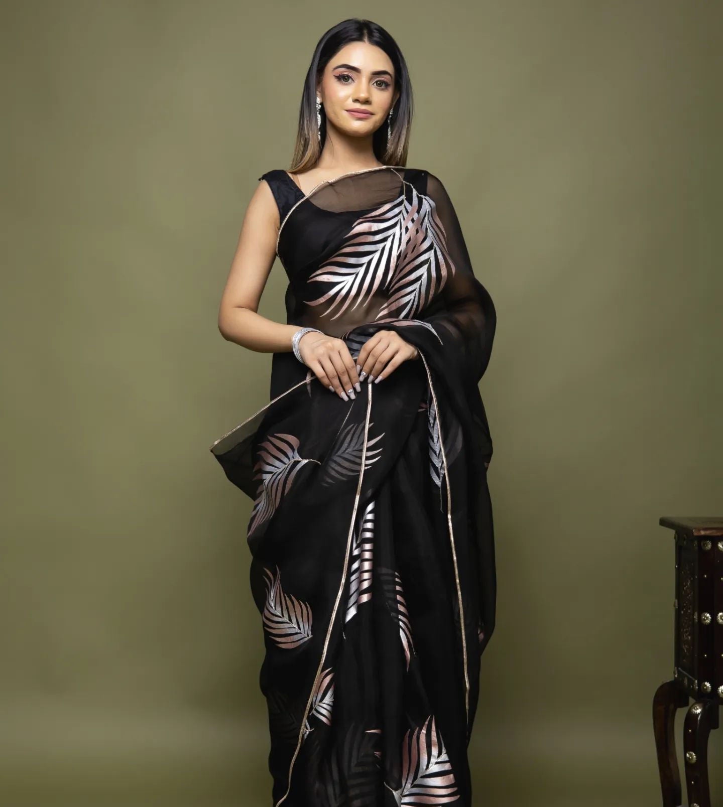 Hand-Painted and Hand-Embroidered Black Pure Silk Organza Palm Leaf Saree