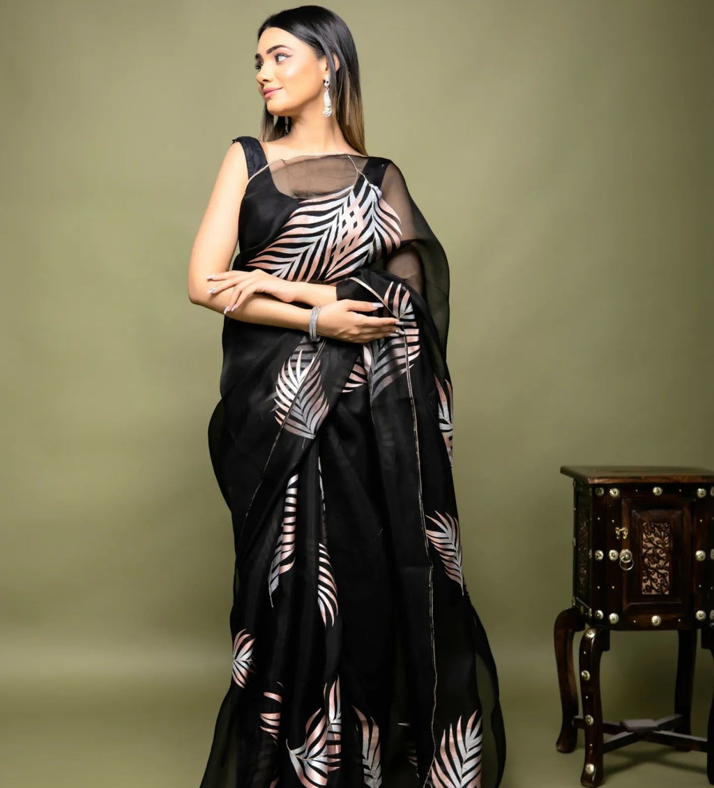 Hand-Painted and Hand-Embroidered Black Pure Silk Organza Palm Leaf Saree