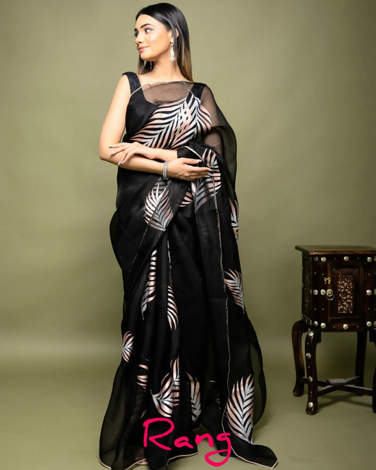 Hand-Painted Palm Leaves Silk Organza Saree