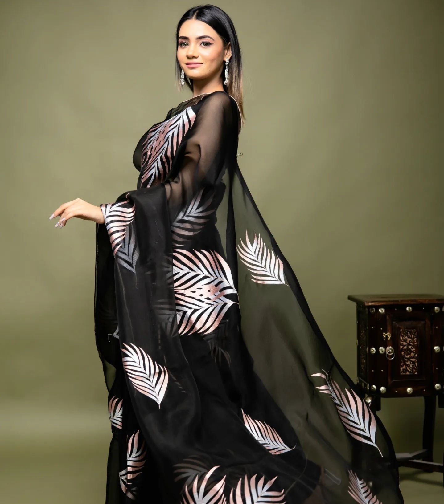 Hand-Painted and Hand-Embroidered Black Pure Silk Organza Palm Leaf Saree