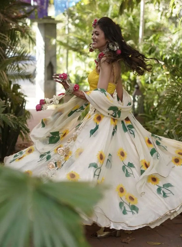 Handpainted Ivory Silk Organza Sunflower Lehenga