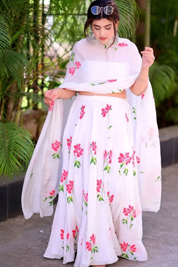 Handpainted White Natural Crepe  poppy lehenga