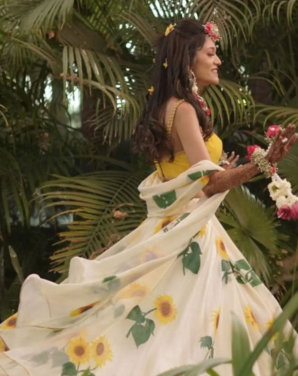 Handpainted Ivory Silk Organza Sunflower Lehenga