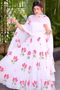 Handpainted White Natural Crepe  poppy lehenga