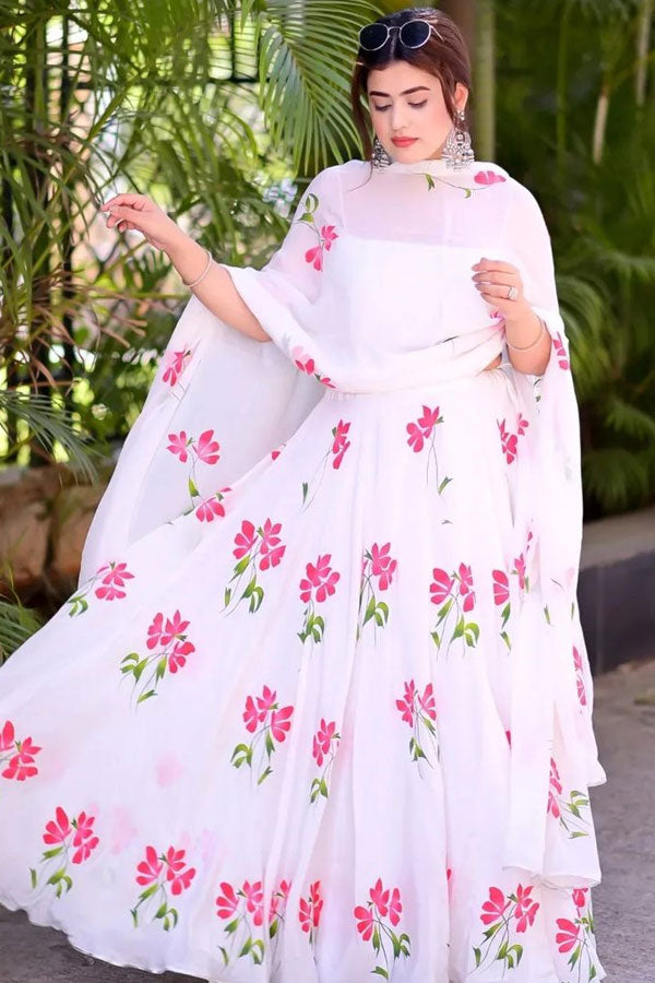 Handpainted White Natural Crepe  poppy lehenga
