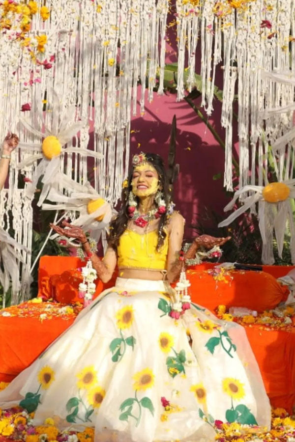 Handpainted Ivory Silk Organza Sunflower Lehenga