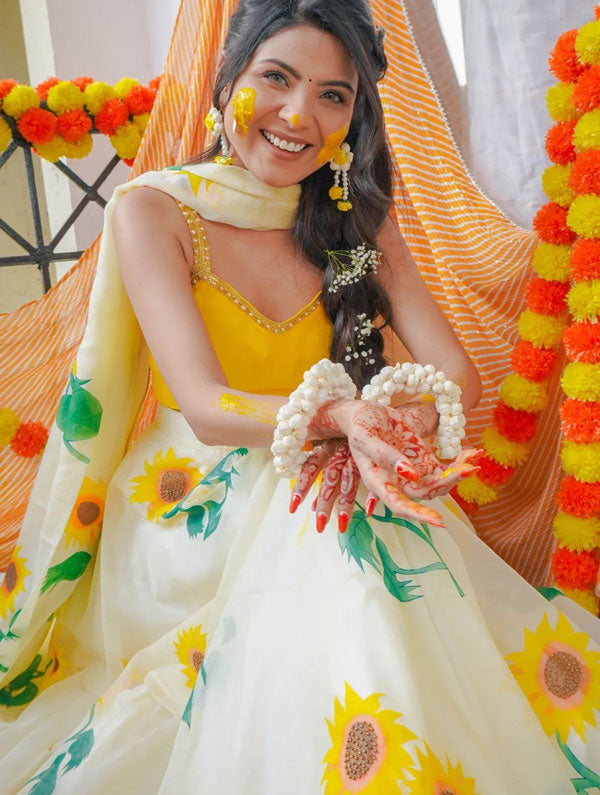Handpainted Ivory Silk Organza Sunflower Lehenga