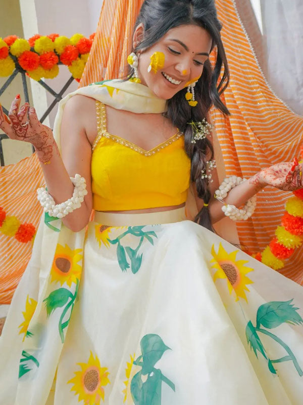 Handpainted Ivory Silk Organza Sunflower Lehenga