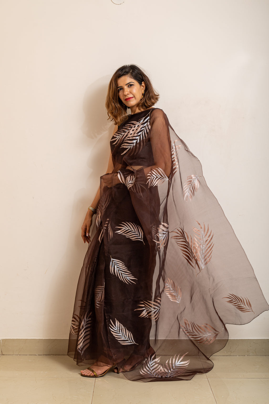 Hand-Painted and Hand-Embroidered Coffee Brown pure Silk Organza Palm Leaf Saree