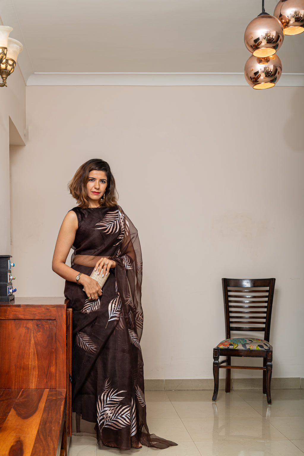 Hand-Painted and Hand-Embroidered Coffee Brown pure Silk Organza Palm Leaf Saree