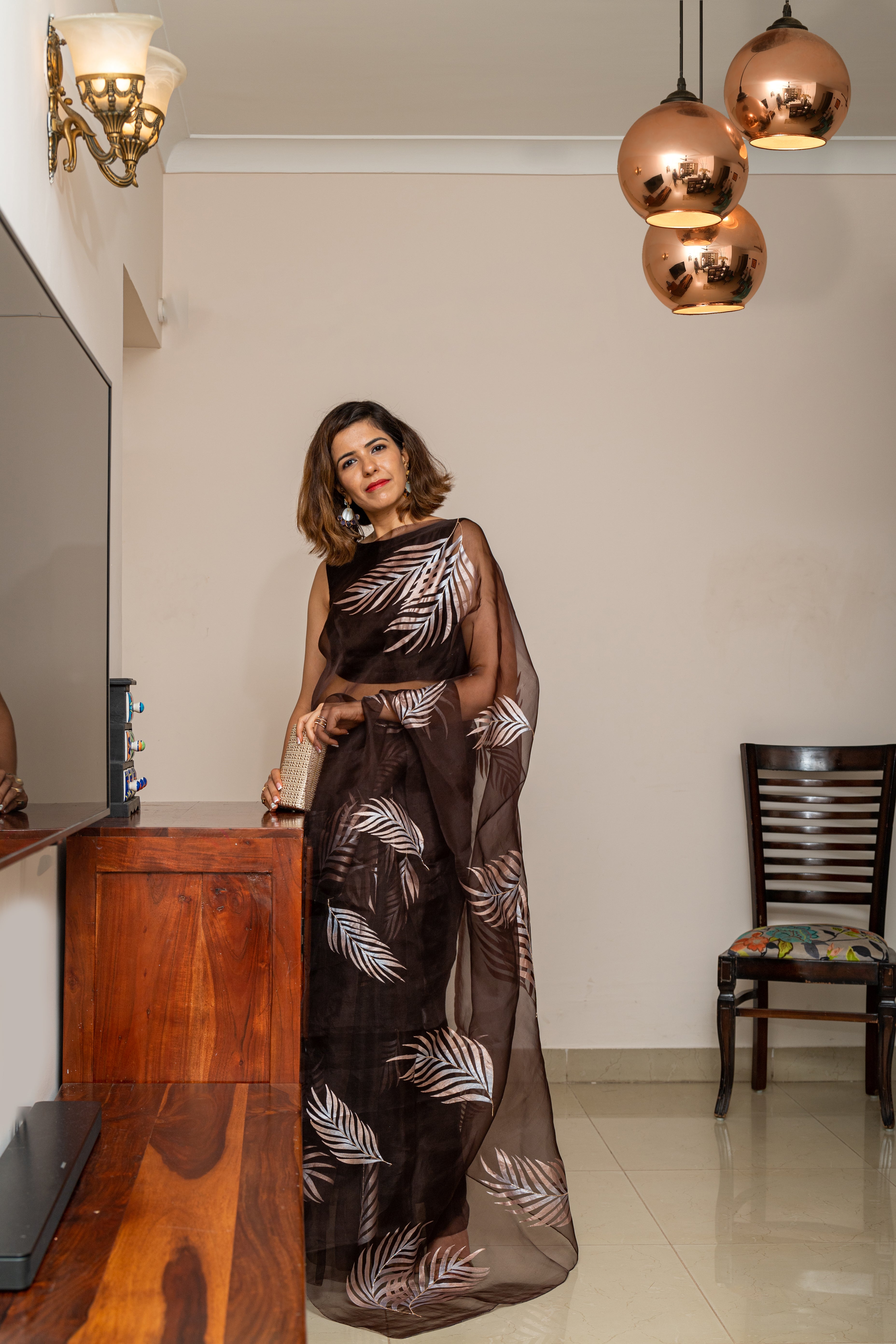 Hand-Painted and Hand-Embroidered Coffee Brown pure Silk Organza Palm Leaf Saree
