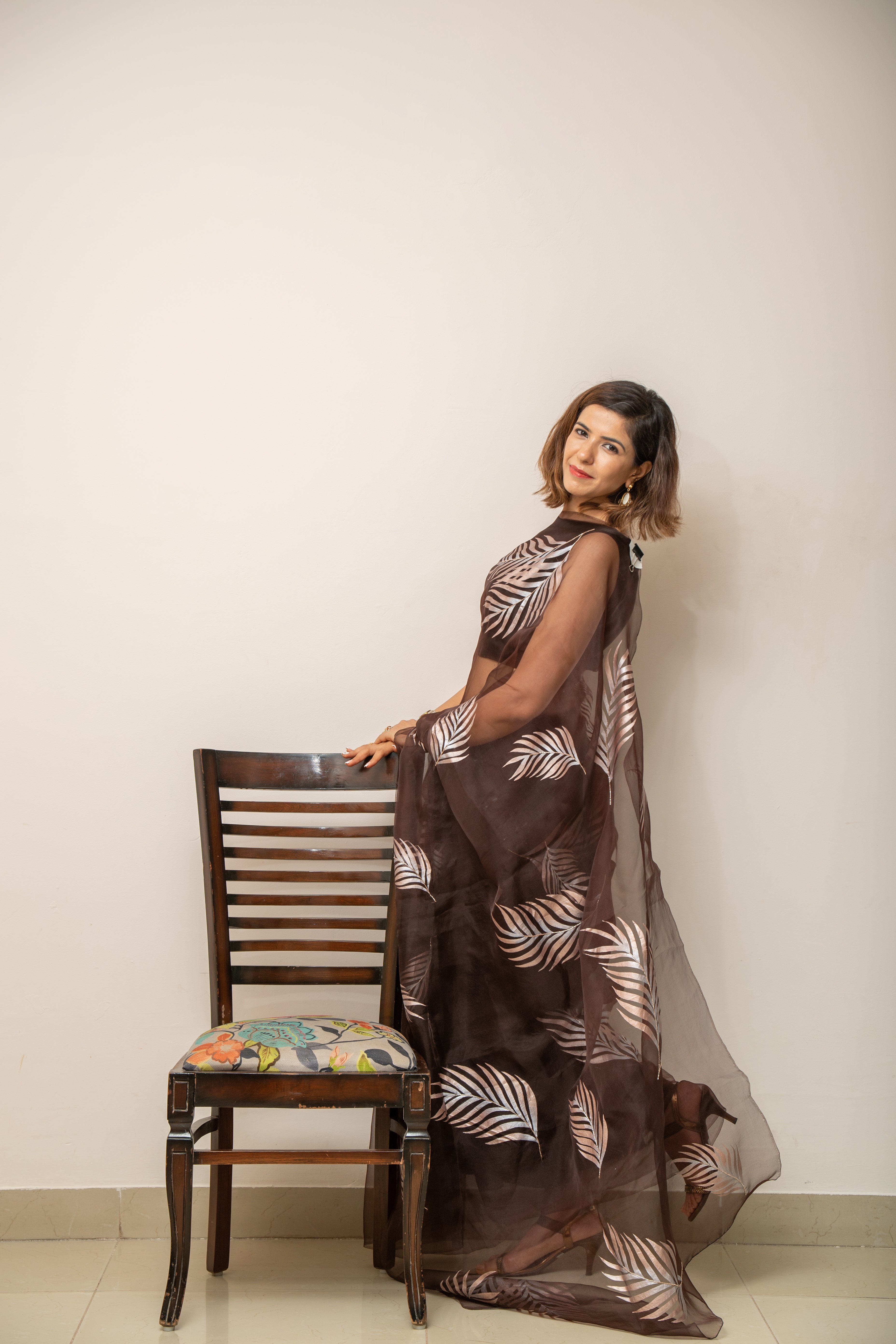 Hand-Painted and Hand-Embroidered Coffee Brown pure Silk Organza Palm Leaf Saree
