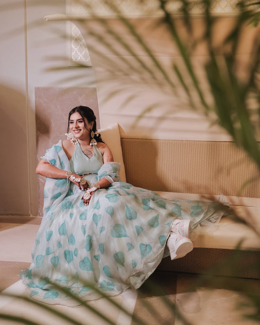 Handpainted Pastel Green Paati Silk Organza Lehenga