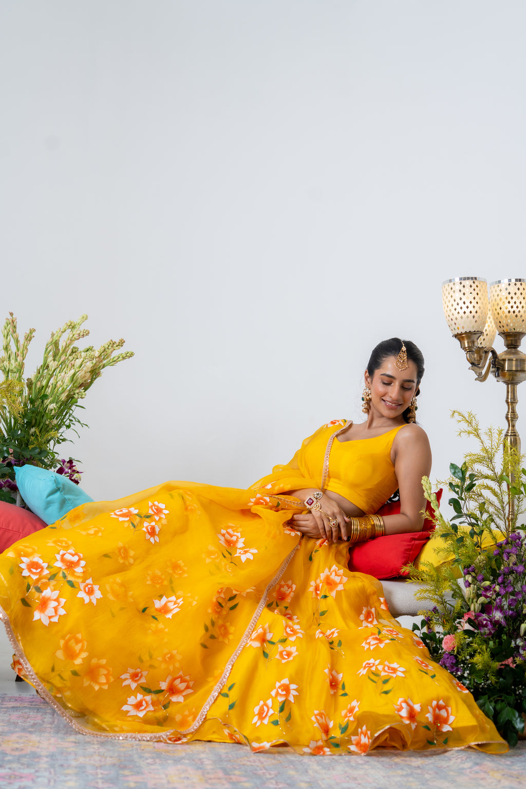 Hand-painted and Handembroiderd Yellow White Rose Lehenga and Kurta Twin Outfit