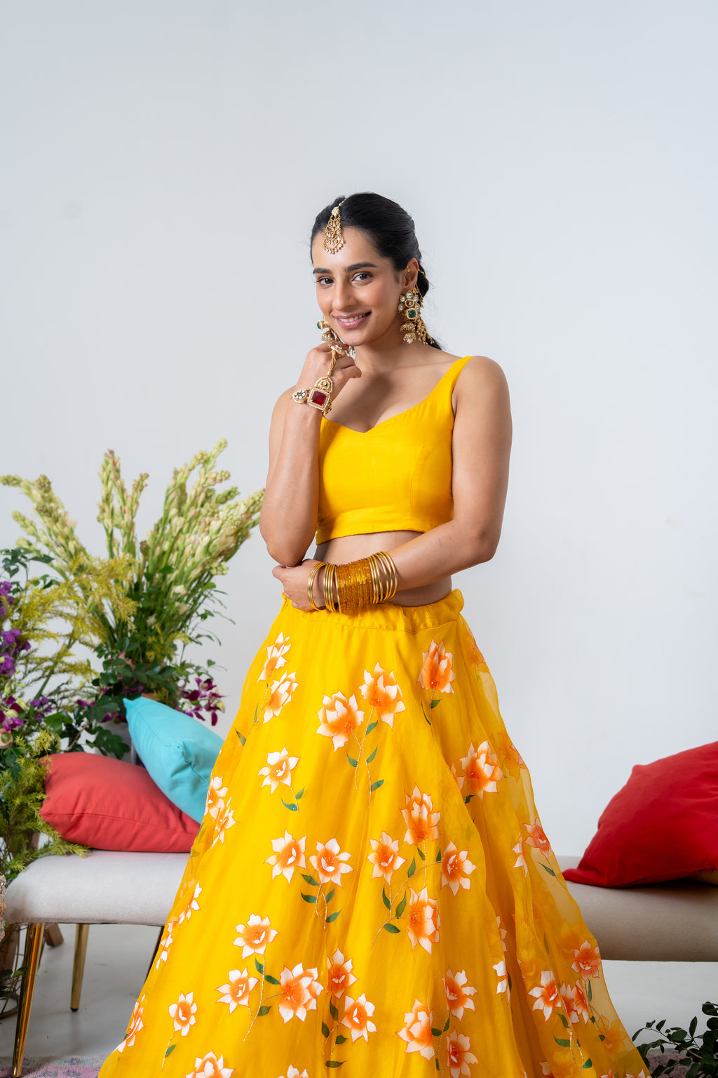 Hand-painted and Handembroiderd Yellow White Rose Lehenga and Kurta Twin Outfit