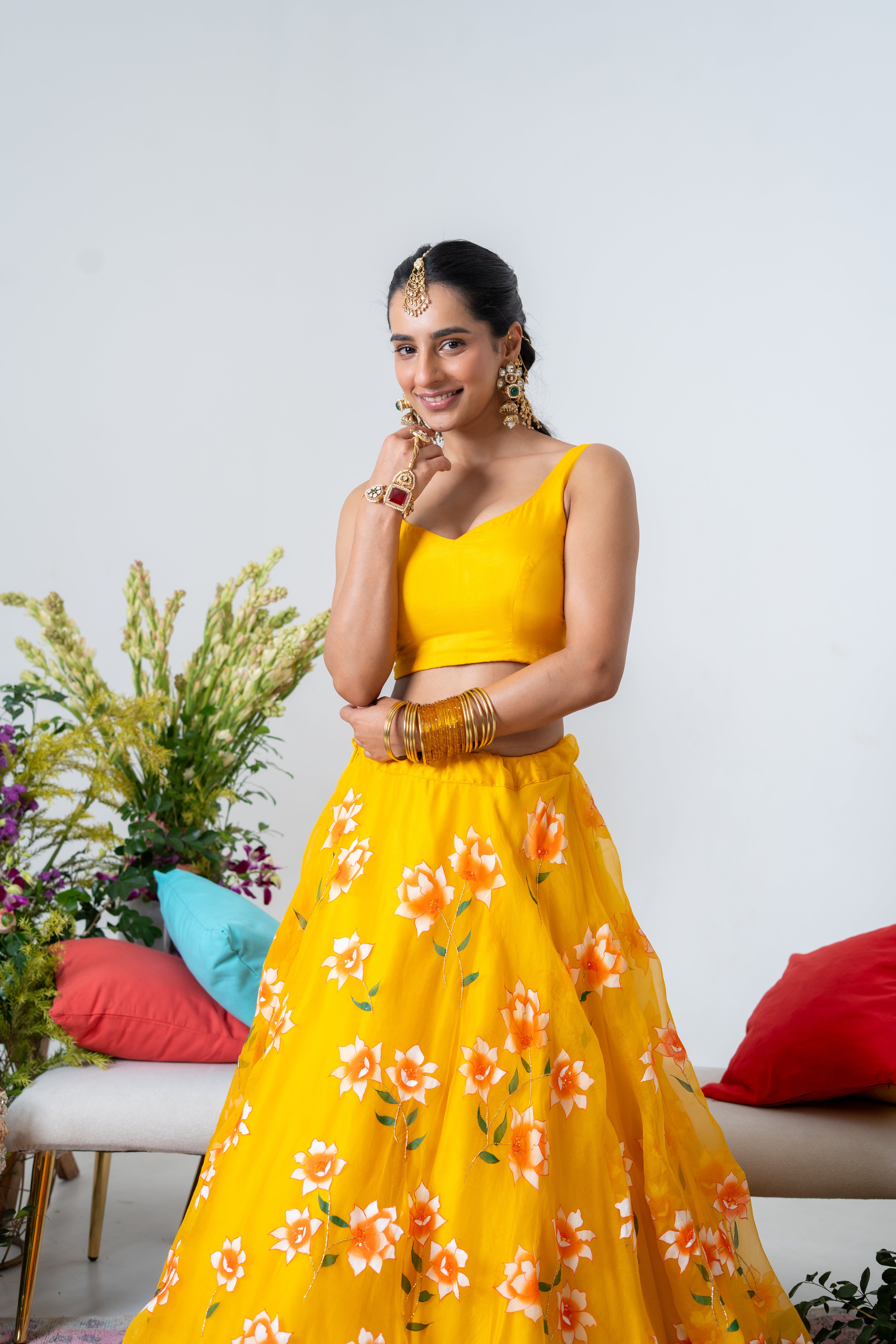 Hand-painted and Handembroiderd Yellow White Rose Lehenga and Kurta Twin Outfit
