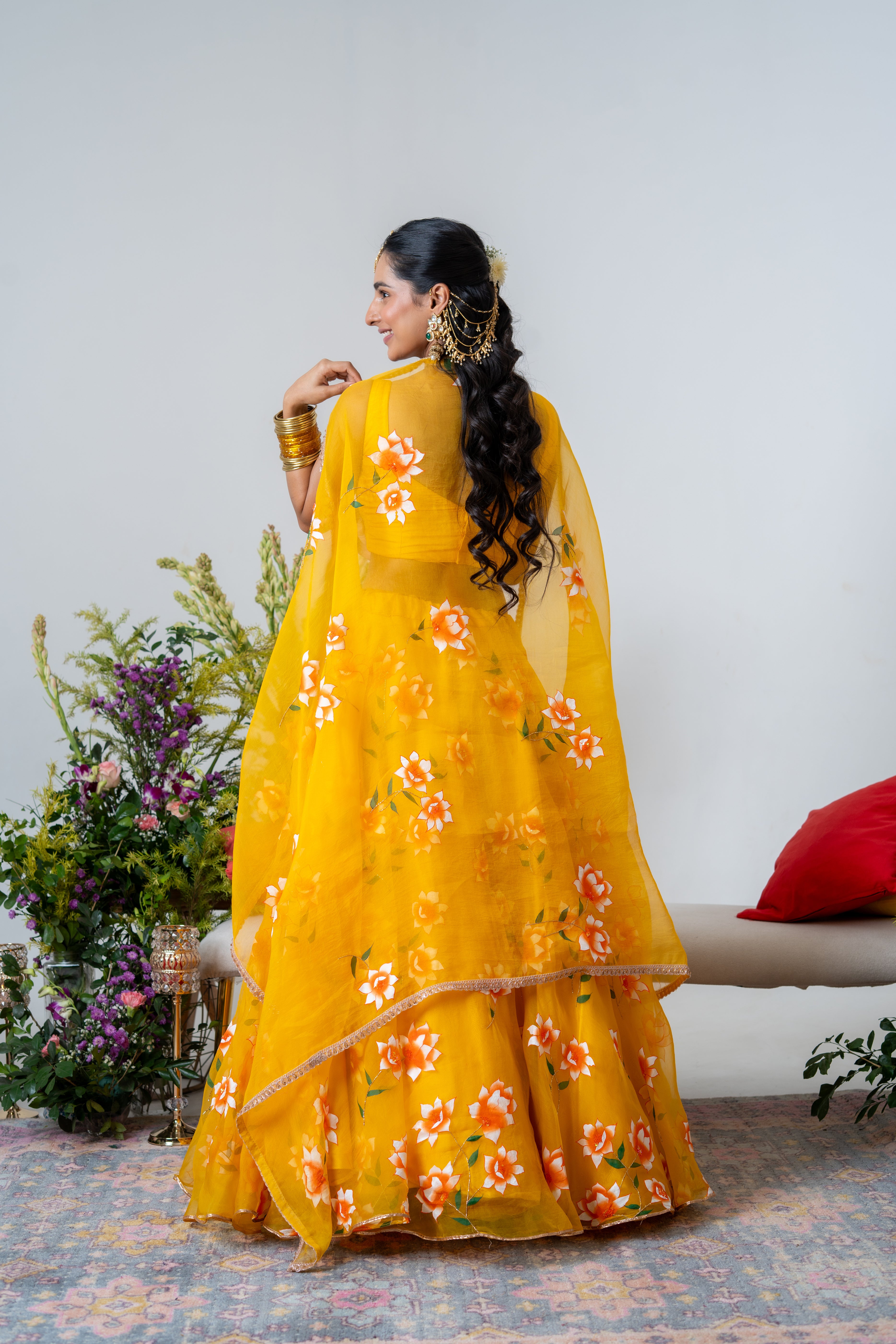 Hand-painted and Handembroiderd Yellow White Rose Lehenga and Kurta Twin Outfit
