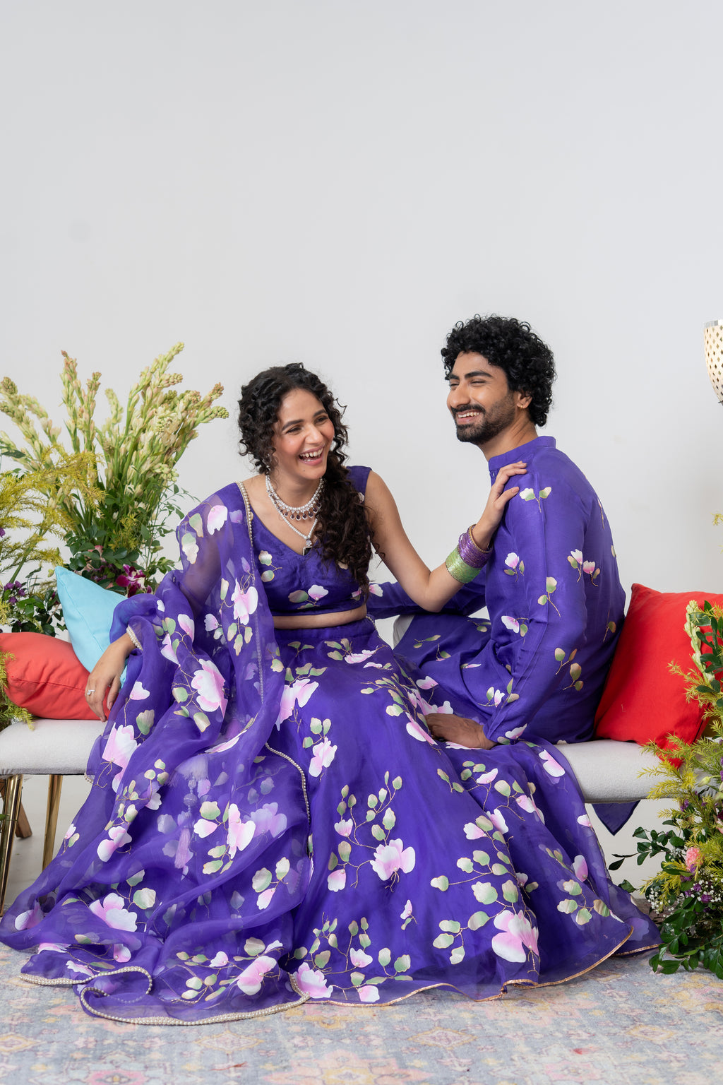 Handpainted and Handembroidered Purple Spring Rose Lehenga and Kurta Twin Outfit