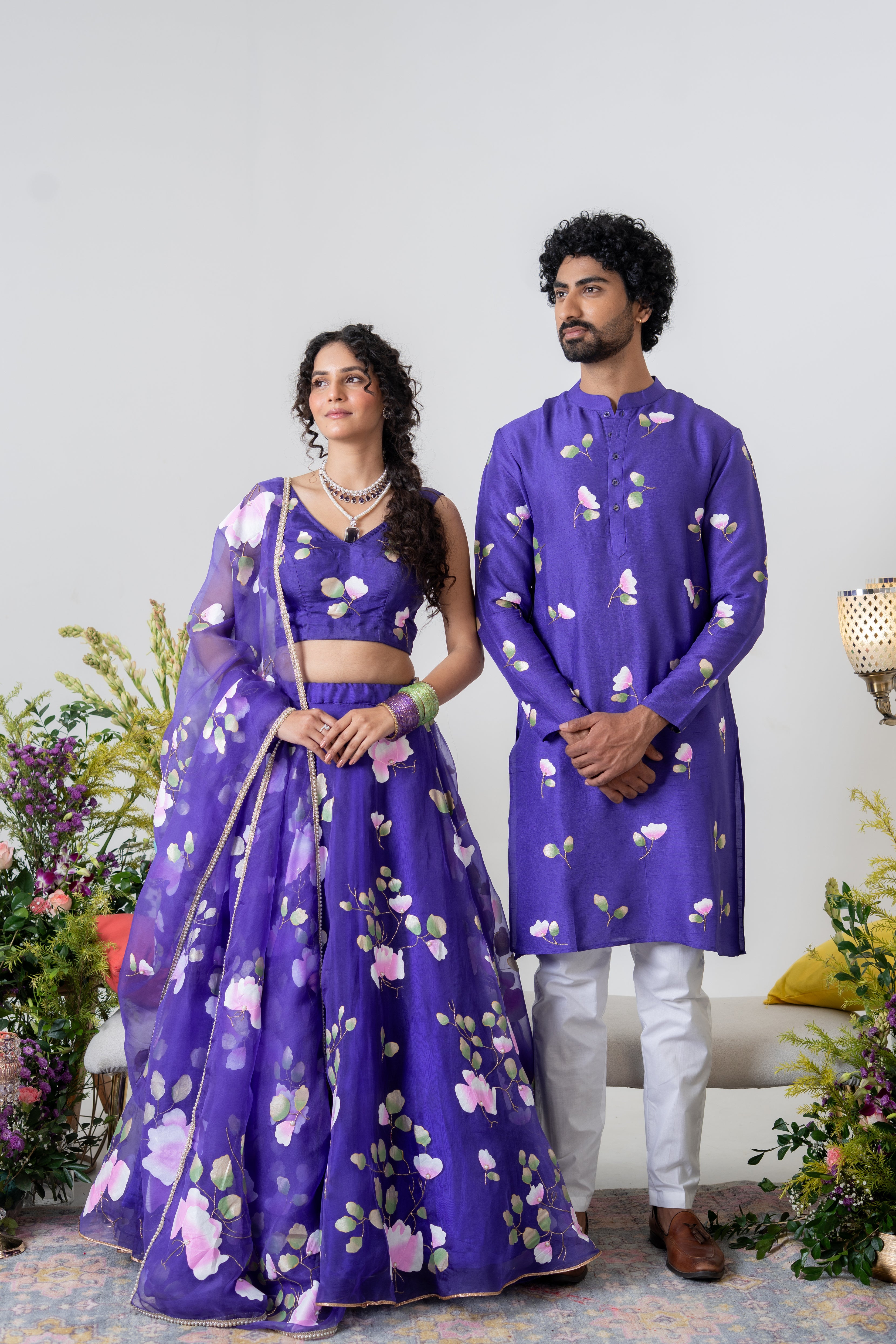 Handpainted and Handembroidered Purple Spring Rose Lehenga and Kurta Twin Outfit