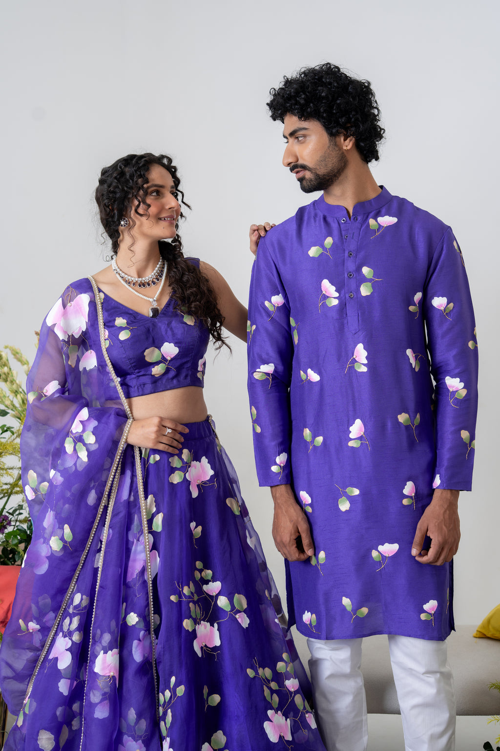 Handpainted and Handembroidered Purple Spring Rose Lehenga and Kurta Twin Outfit