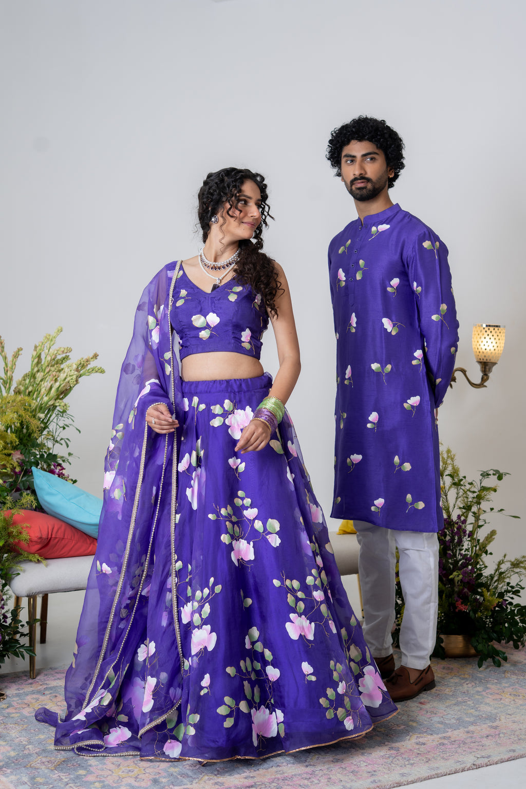 Handpainted and Handembroidered Purple Spring Rose Lehenga and Kurta Twin Outfit