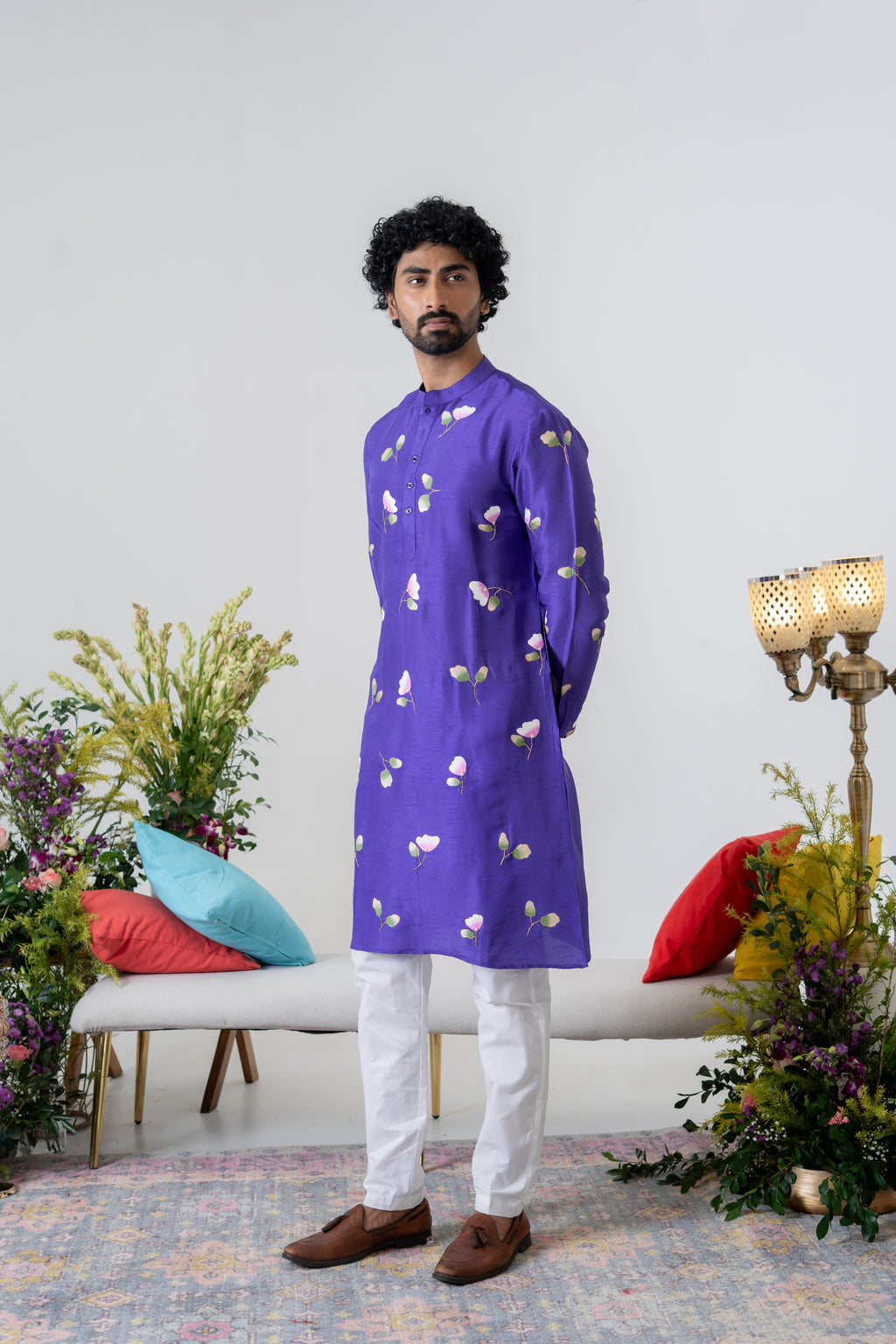 Handpainted and Handembroidered Purple Spring Rose Lehenga and Kurta Twin Outfit