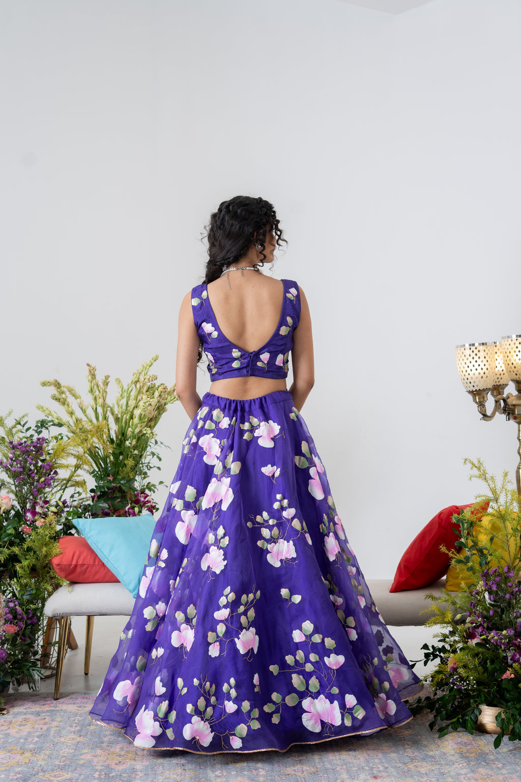 Handpainted and Handembroidered Purple Spring Rose Lehenga and Kurta Twin Outfit