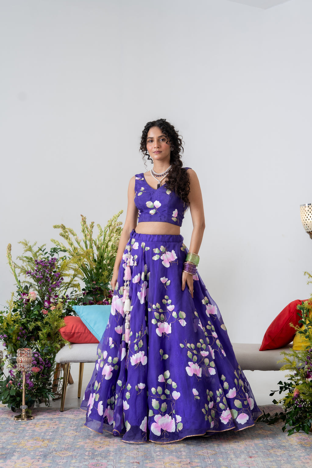 Handpainted and Handembroidered Purple Spring Rose Lehenga and Kurta Twin Outfit