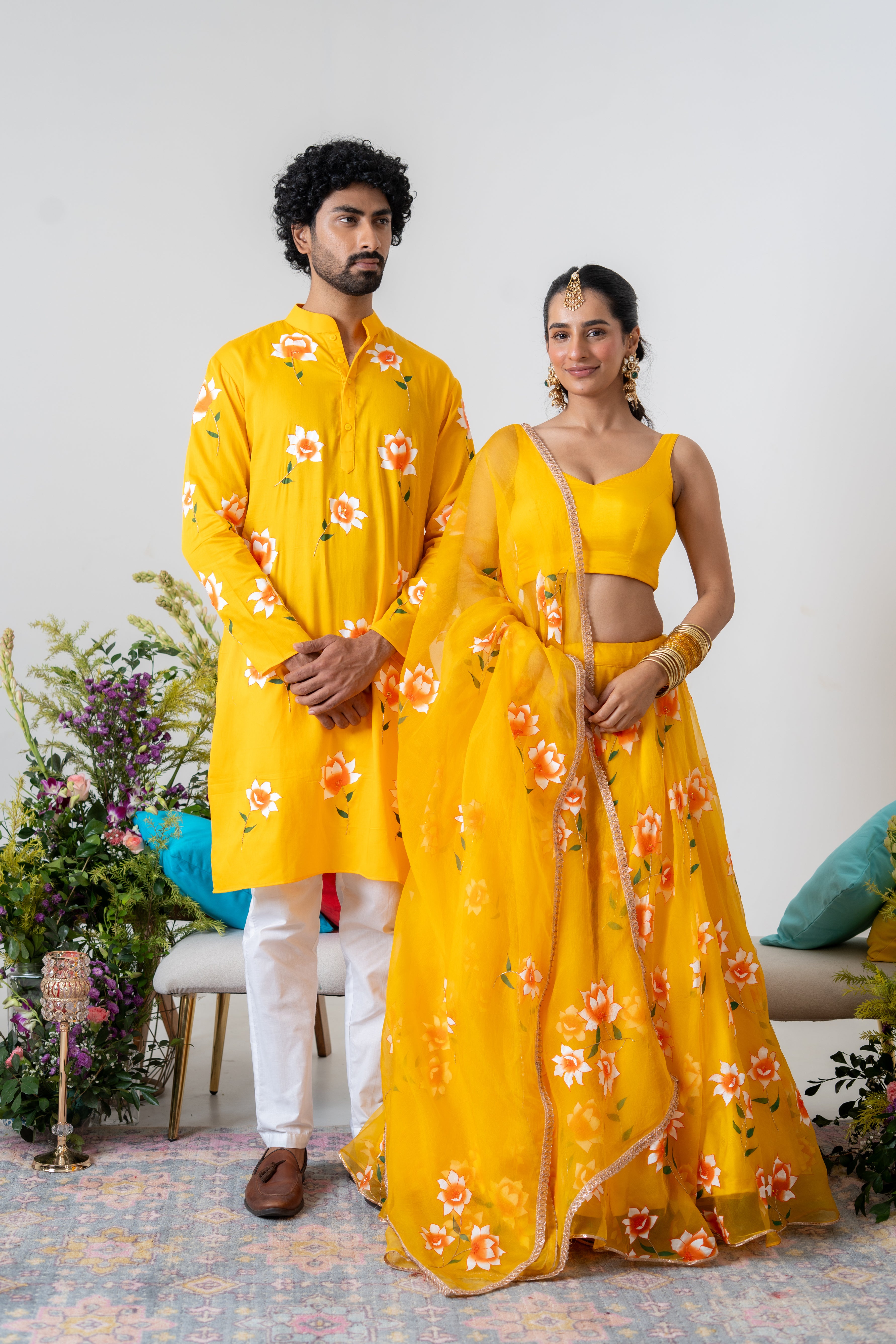 Hand-painted and Handembroiderd Yellow White Rose Lehenga and Kurta Twin Outfit