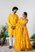 Hand-painted and Handembroiderd Yellow White Rose Lehenga and Kurta Twin Outfit