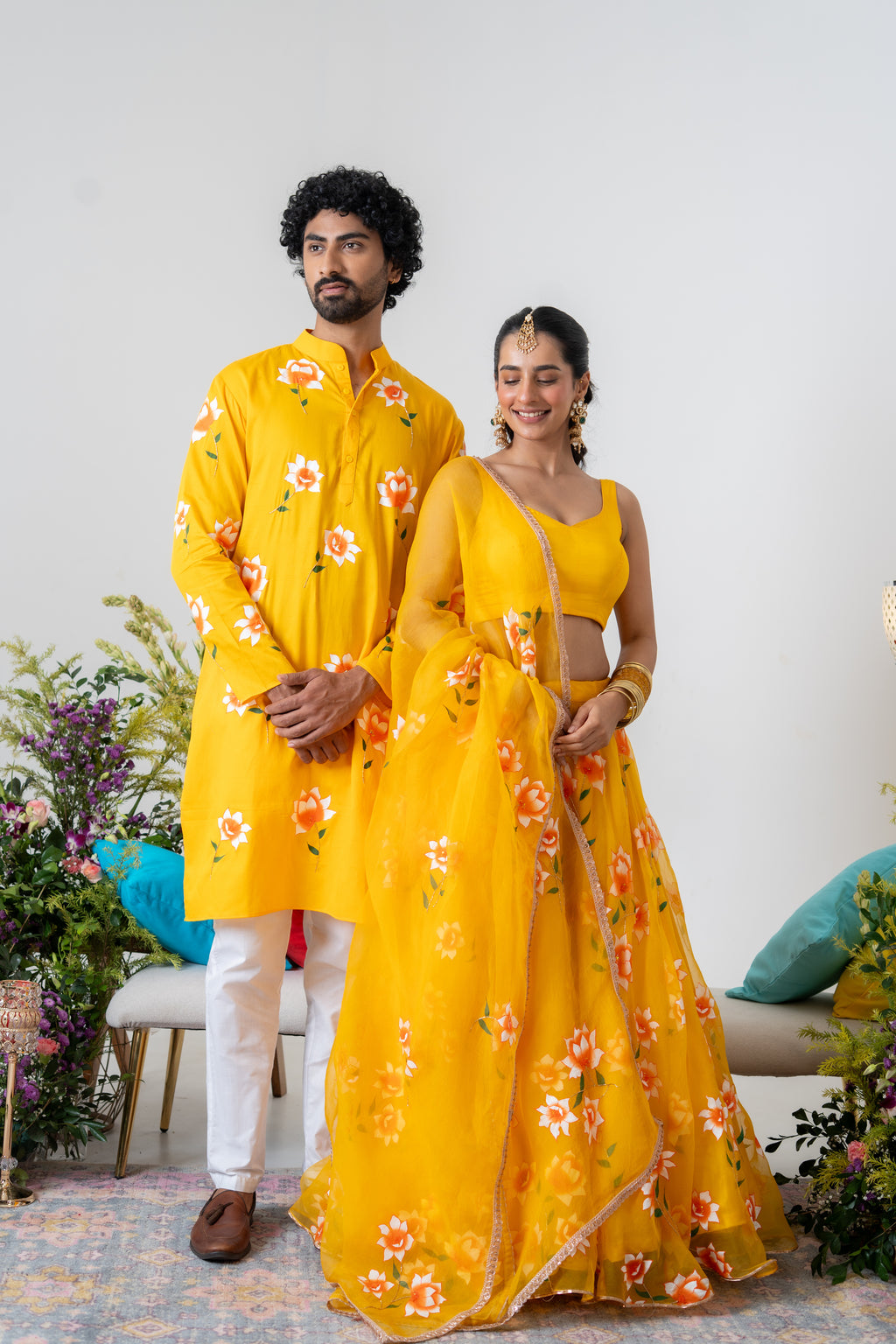 Hand-painted and Handembroiderd Yellow White Rose Lehenga and Kurta Twin Outfit
