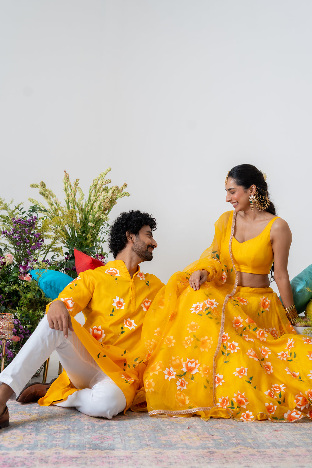 Hand-painted and Handembroiderd Yellow White Rose Lehenga and Kurta Twin Outfit