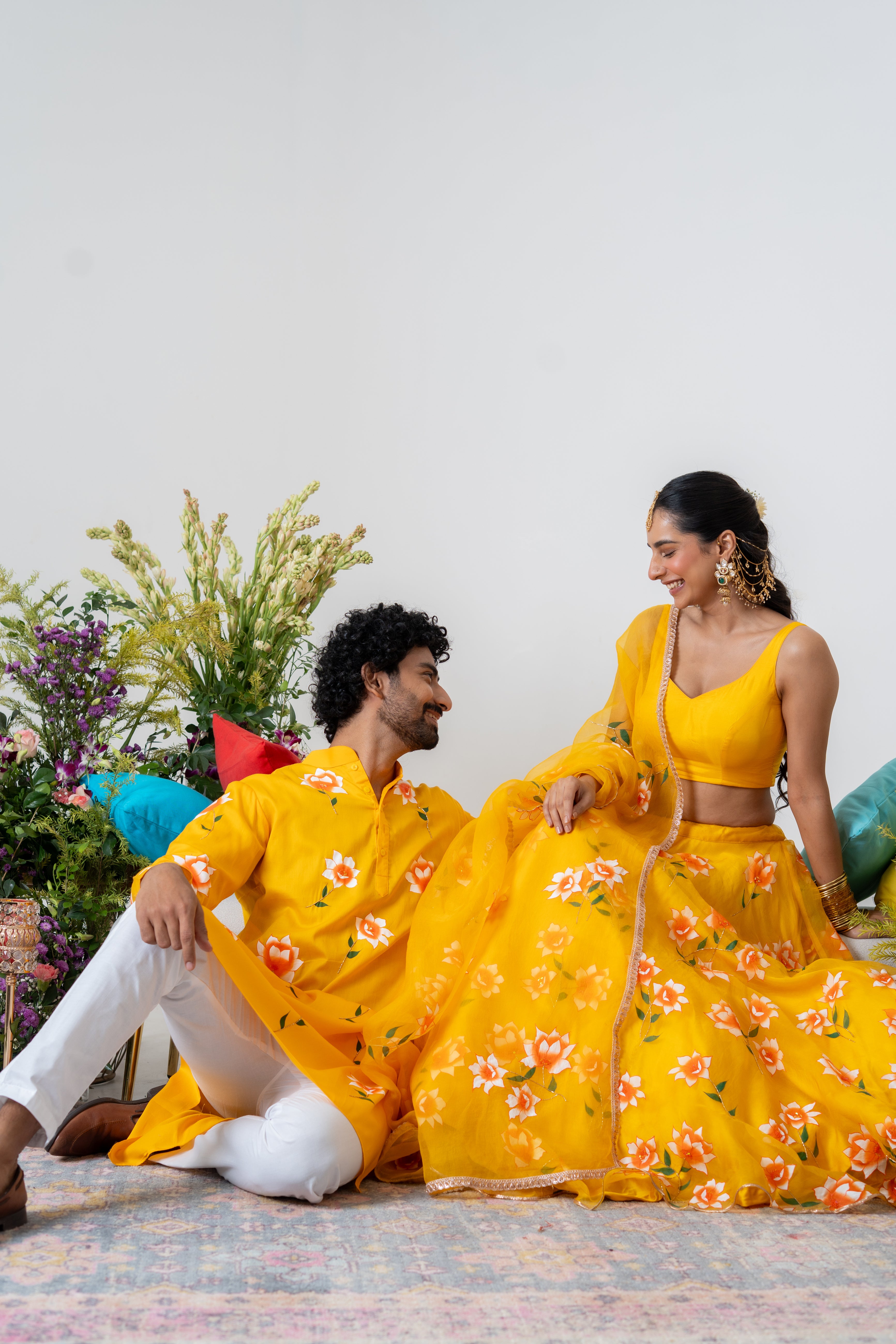 Hand-painted and Handembroiderd Yellow White Rose Lehenga and Kurta Twin Outfit