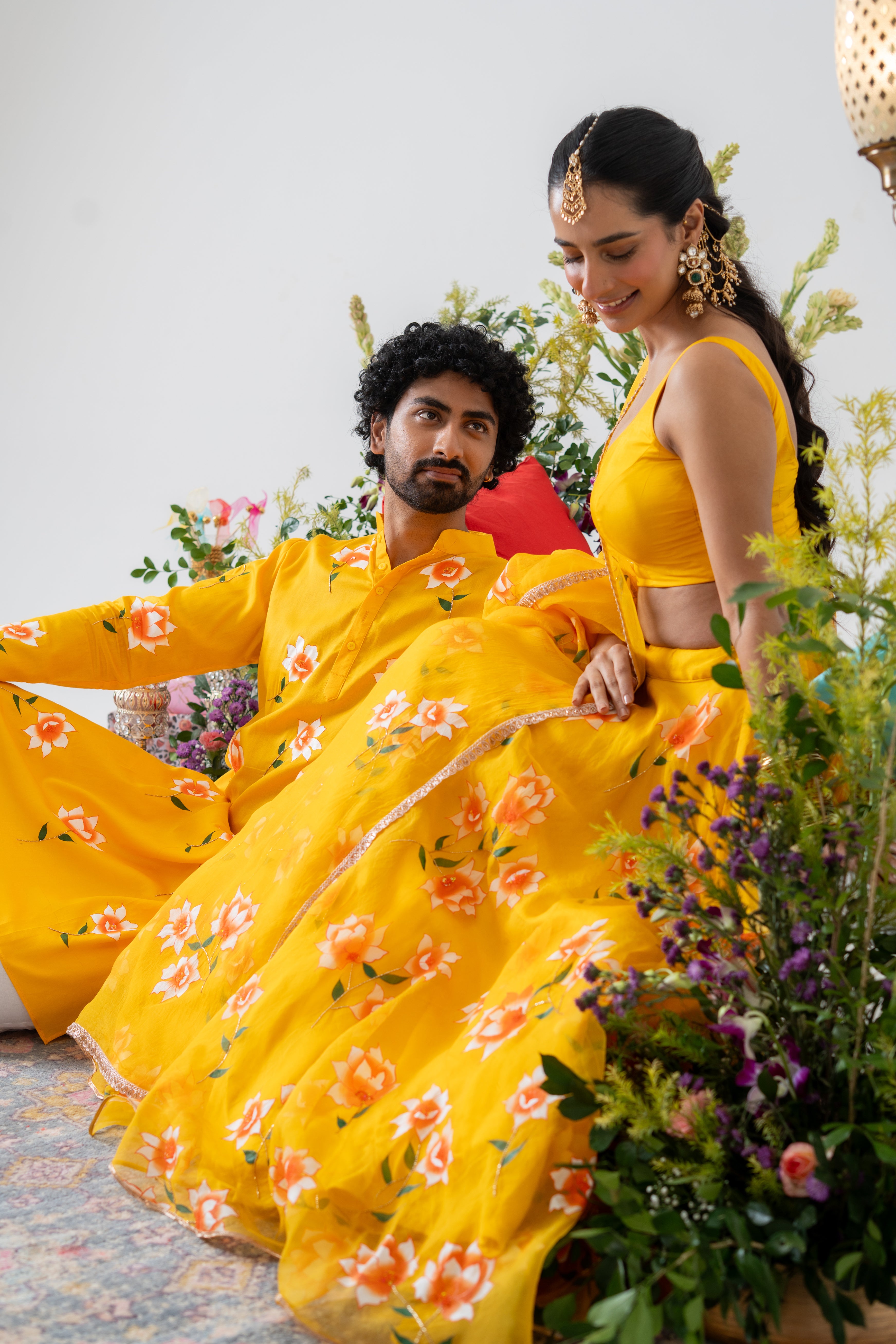 Hand-painted and Handembroiderd Yellow White Rose Lehenga and Kurta Twin Outfit