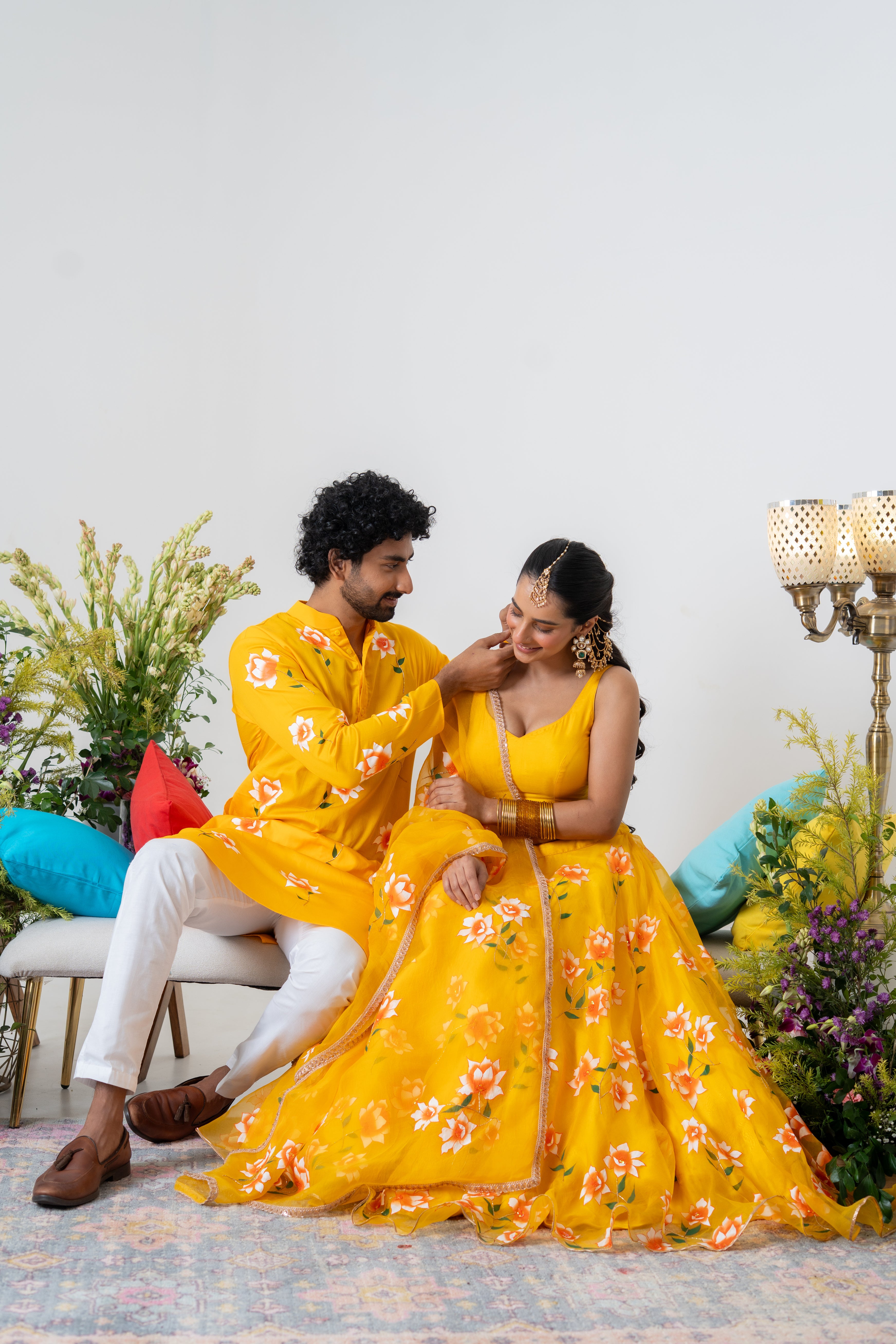 Hand-painted and Handembroiderd Yellow White Rose Lehenga and Kurta Twin Outfit