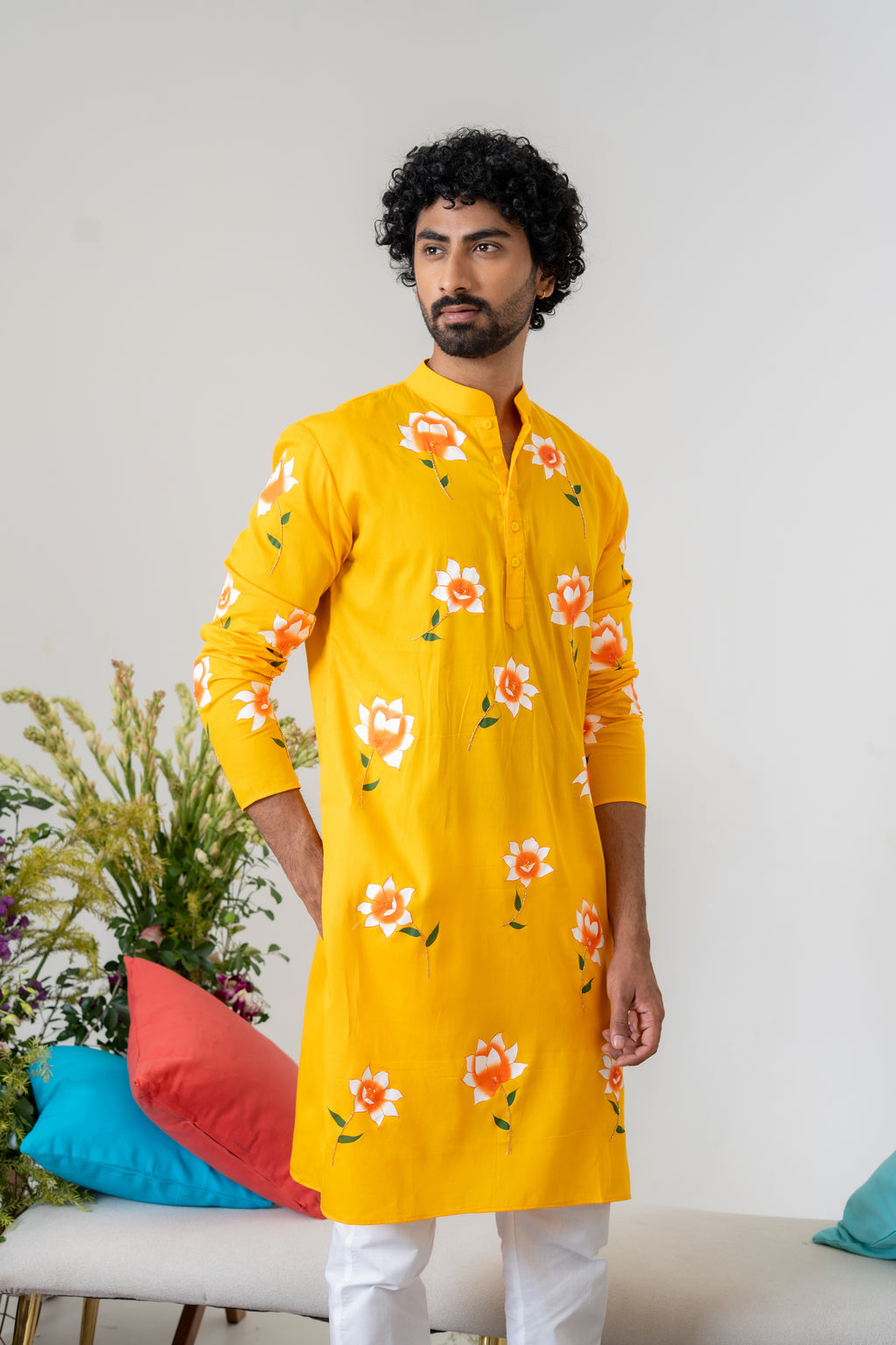 Hand-painted and Handembroiderd Yellow White Rose Lehenga and Kurta Twin Outfit