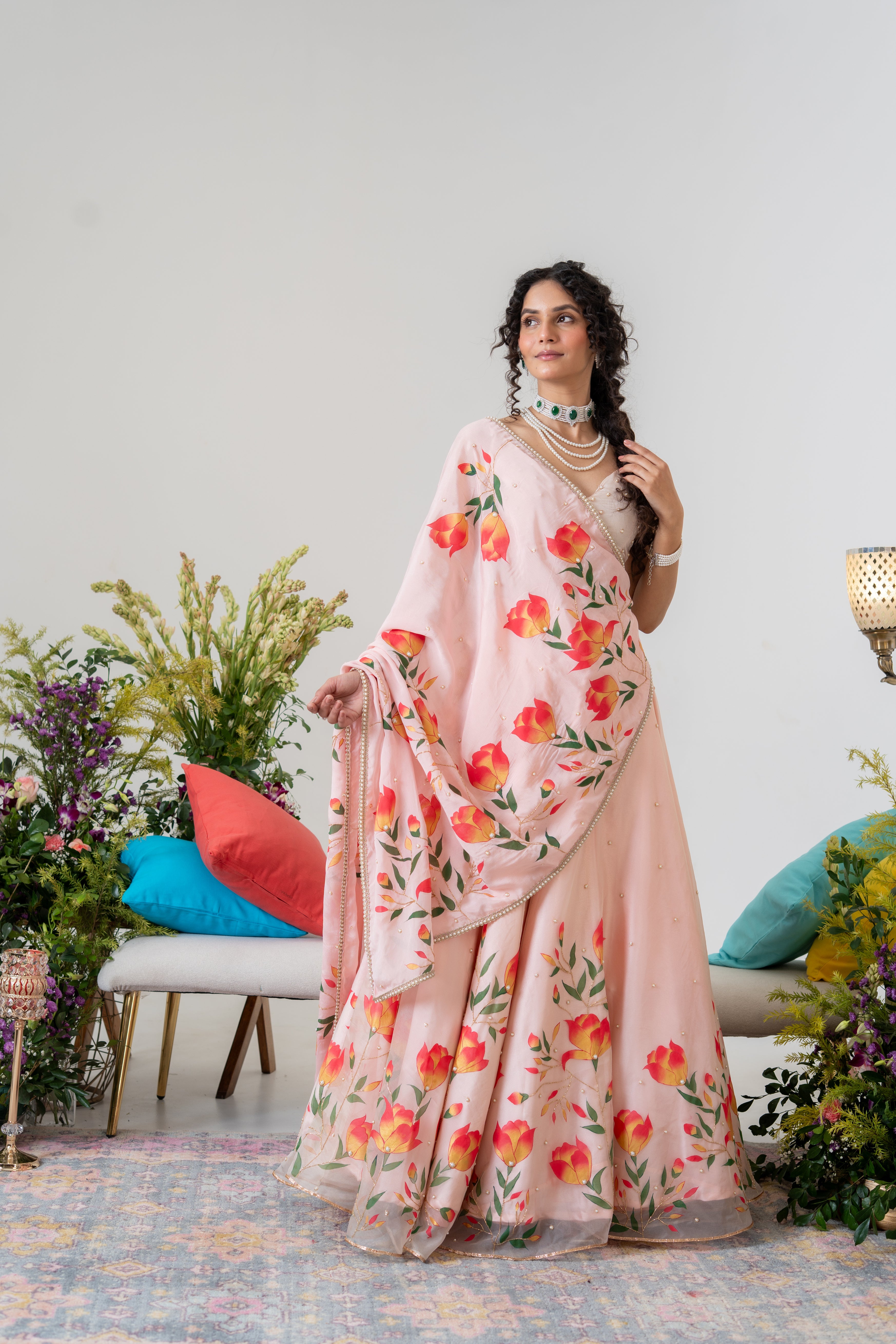 Handpainted and Handembroiderd Powder Pink Magnolia Lehenga and Kurta Twin outfit