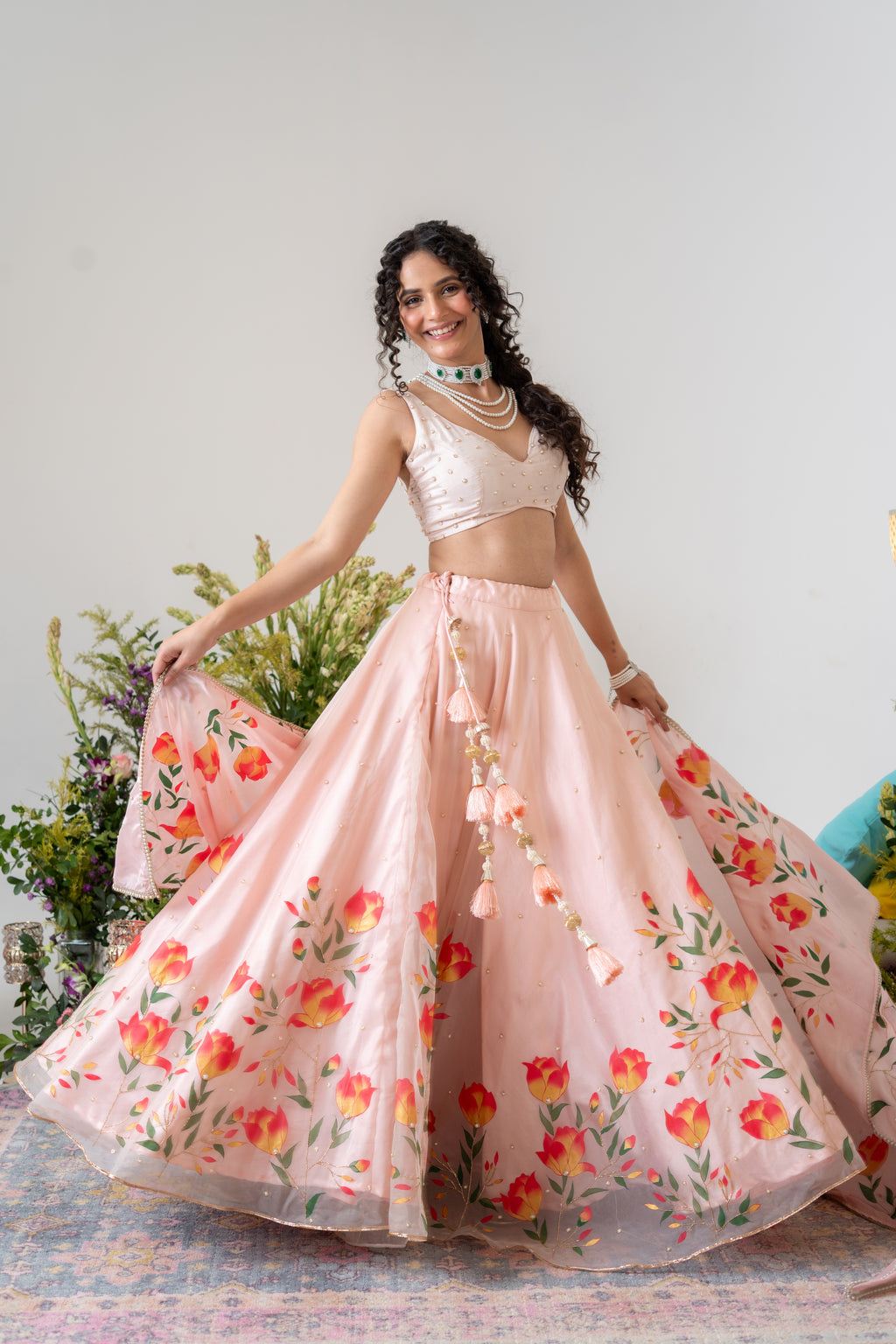 Handpainted and Handembroiderd Powder Pink Magnolia Lehenga and Kurta Twin outfit