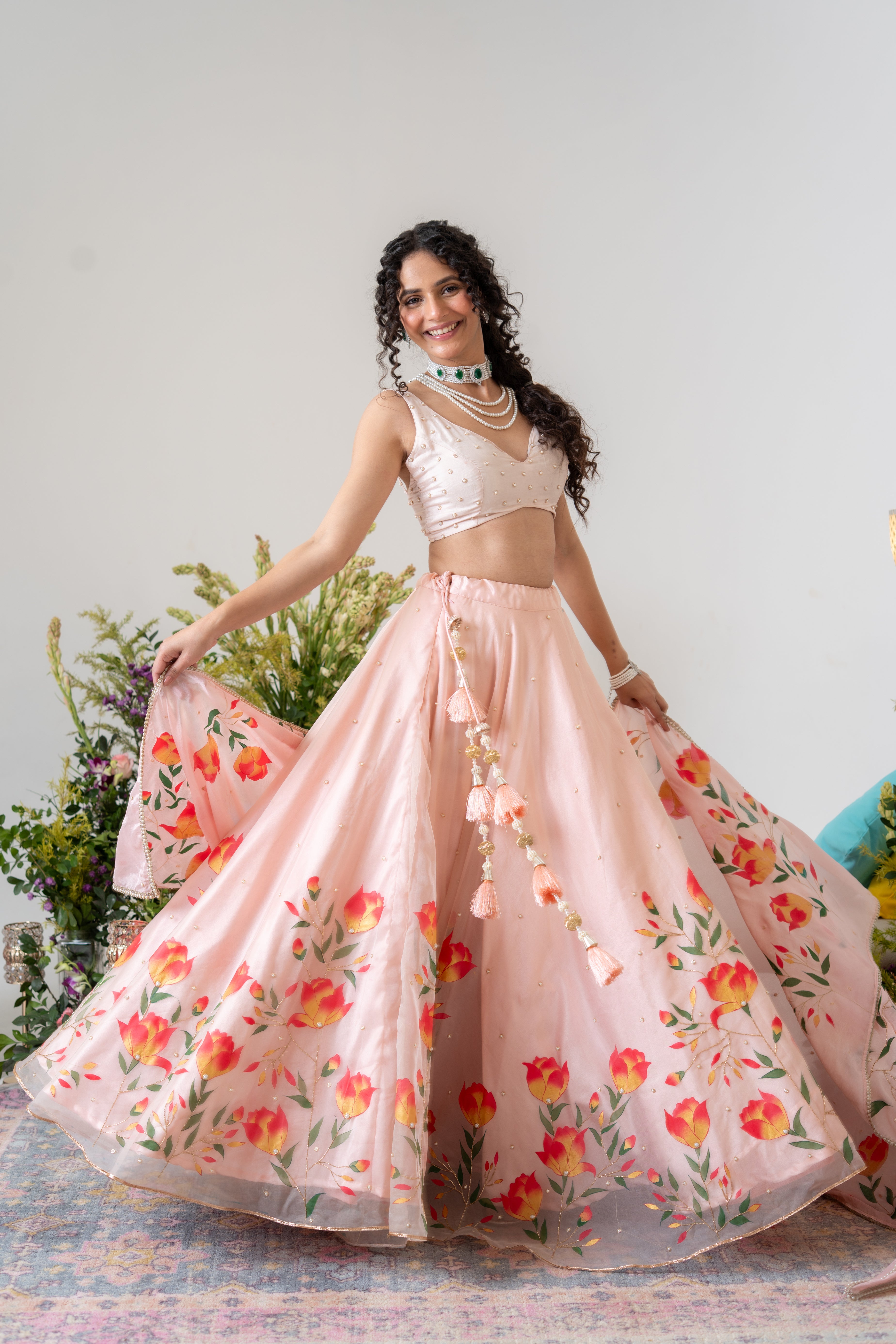 Handpainted and Handembroiderd Powder Pink Magnolia Lehenga and Kurta Twin outfit