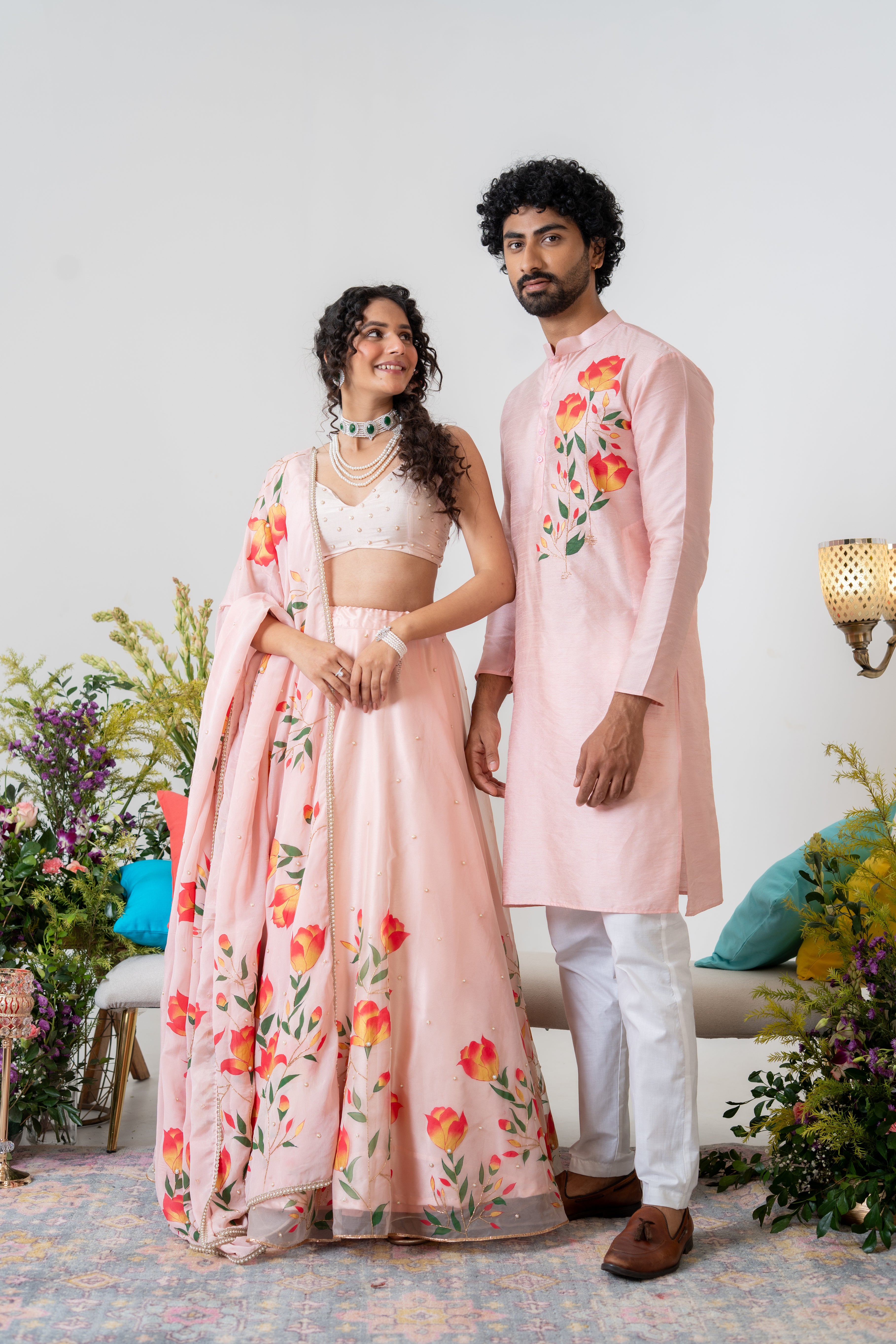 Handpainted and Handembroiderd Powder Pink Magnolia Lehenga and Kurta Twin outfit