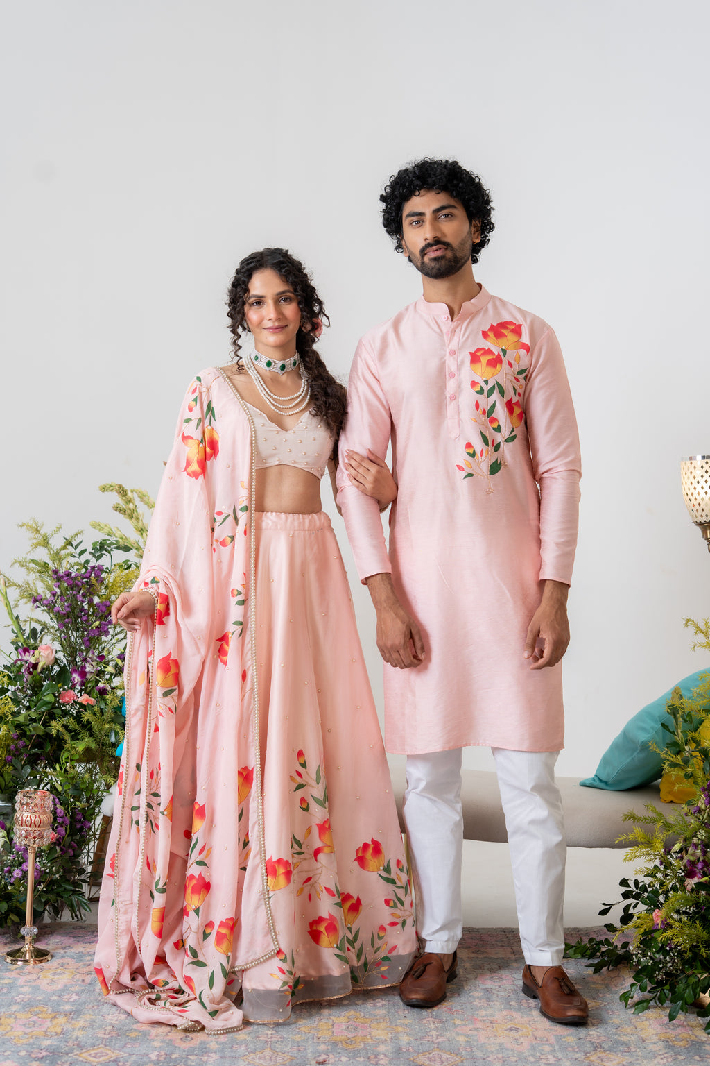 Handpainted and Handembroiderd Powder Pink Magnolia Lehenga and Kurta Twin outfit