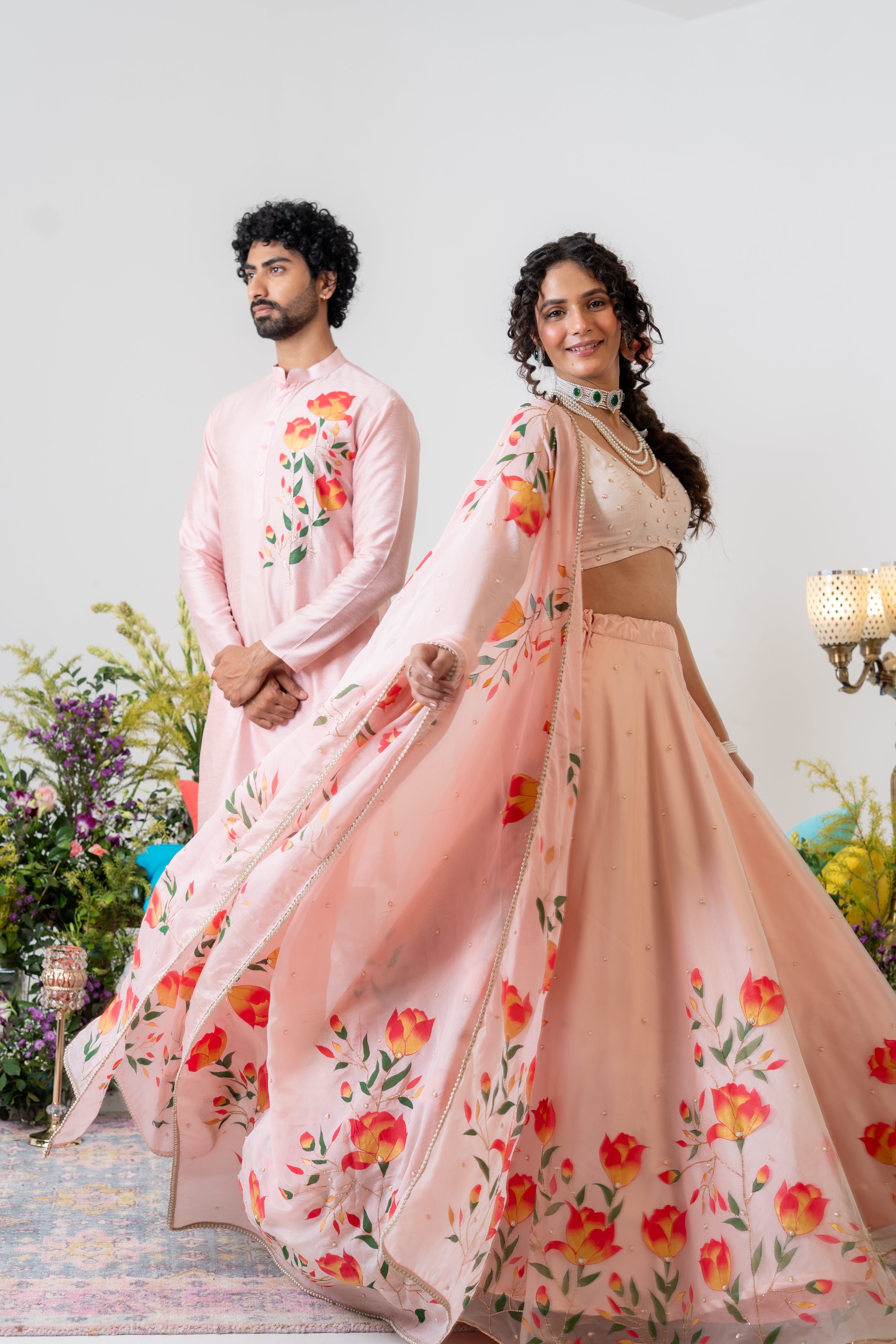 Handpainted and Handembroiderd Powder Pink Magnolia Lehenga and Kurta Twin outfit