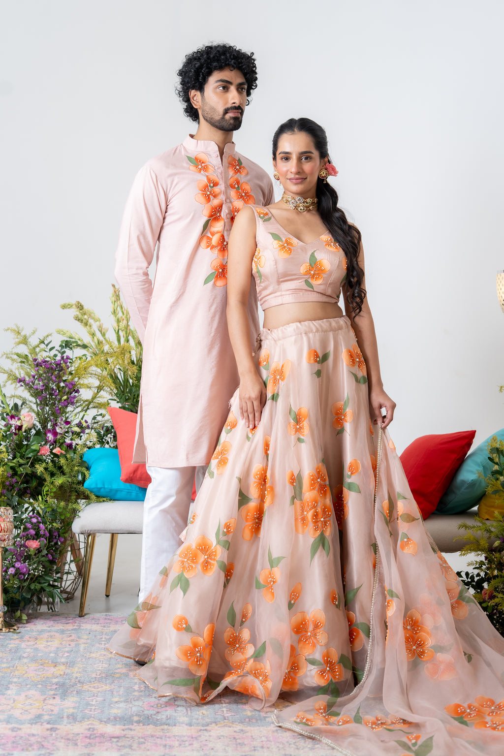 Hand-painted and Handembroiderd Peach Floral Lehenga and Kurta Twin outfit