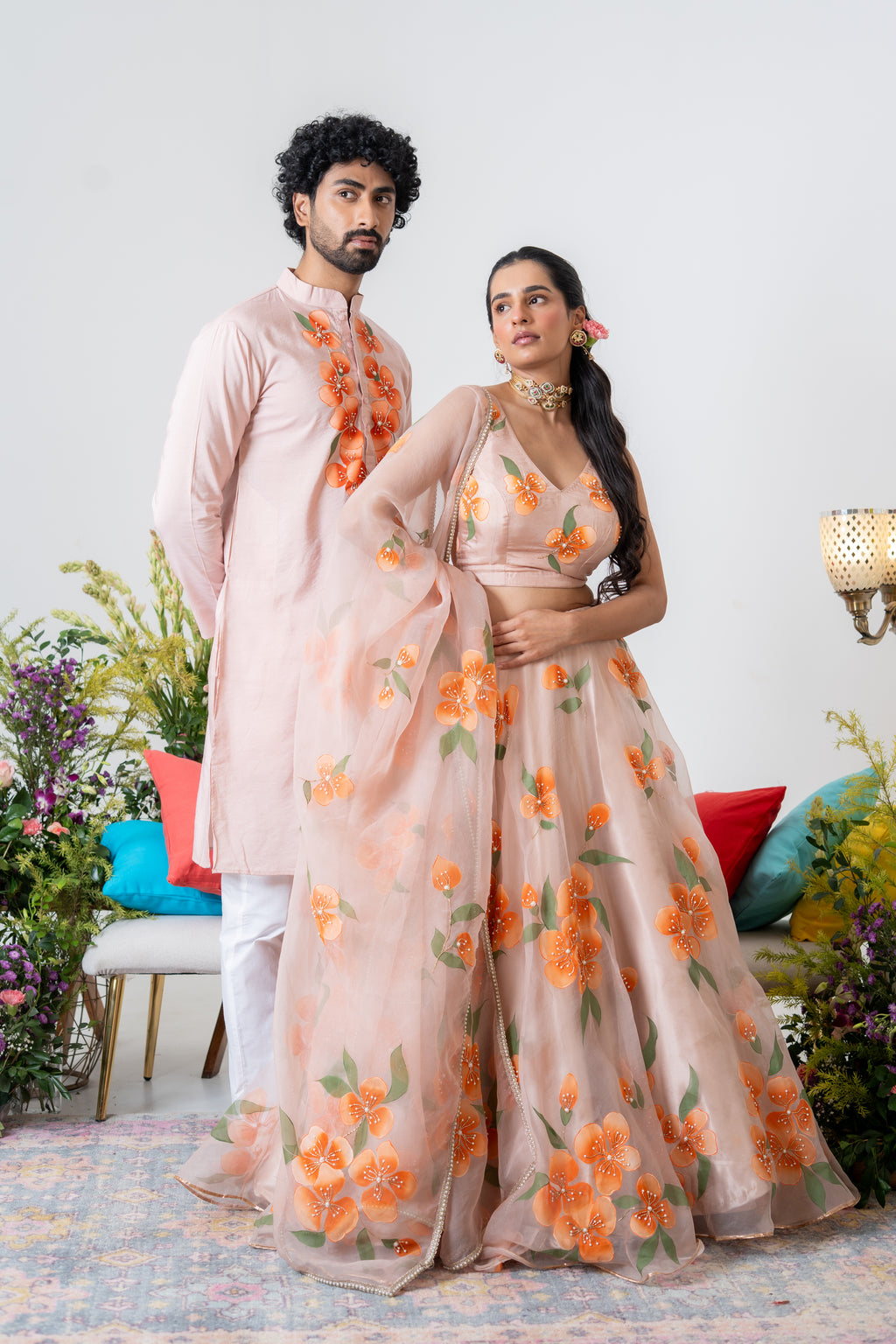 Hand-painted and Handembroiderd Peach Floral Lehenga and Kurta Twin outfit