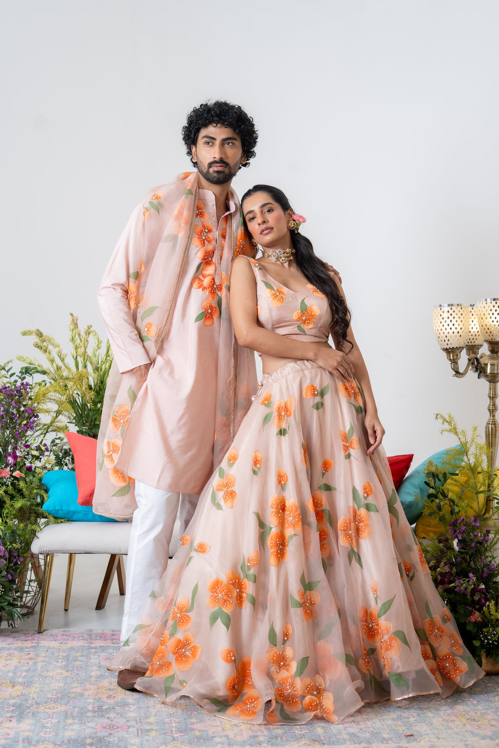 Hand-painted and Handembroiderd Peach Floral Lehenga and Kurta Twin outfit