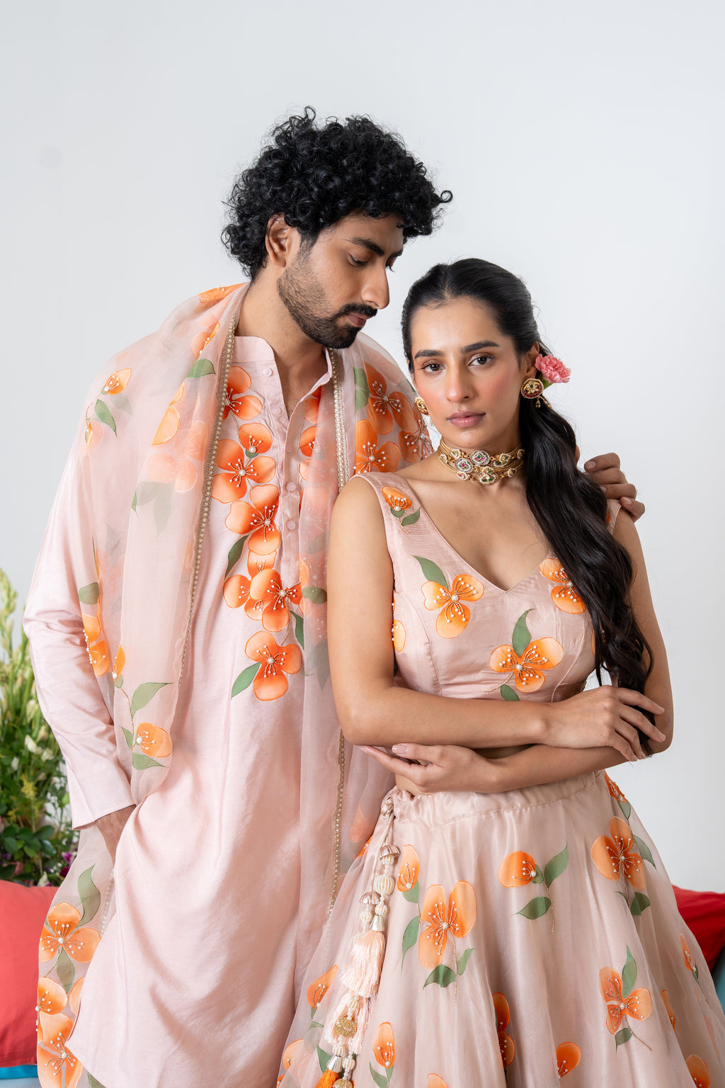 Hand-painted and Handembroiderd Peach Floral Lehenga and Kurta Twin outfit