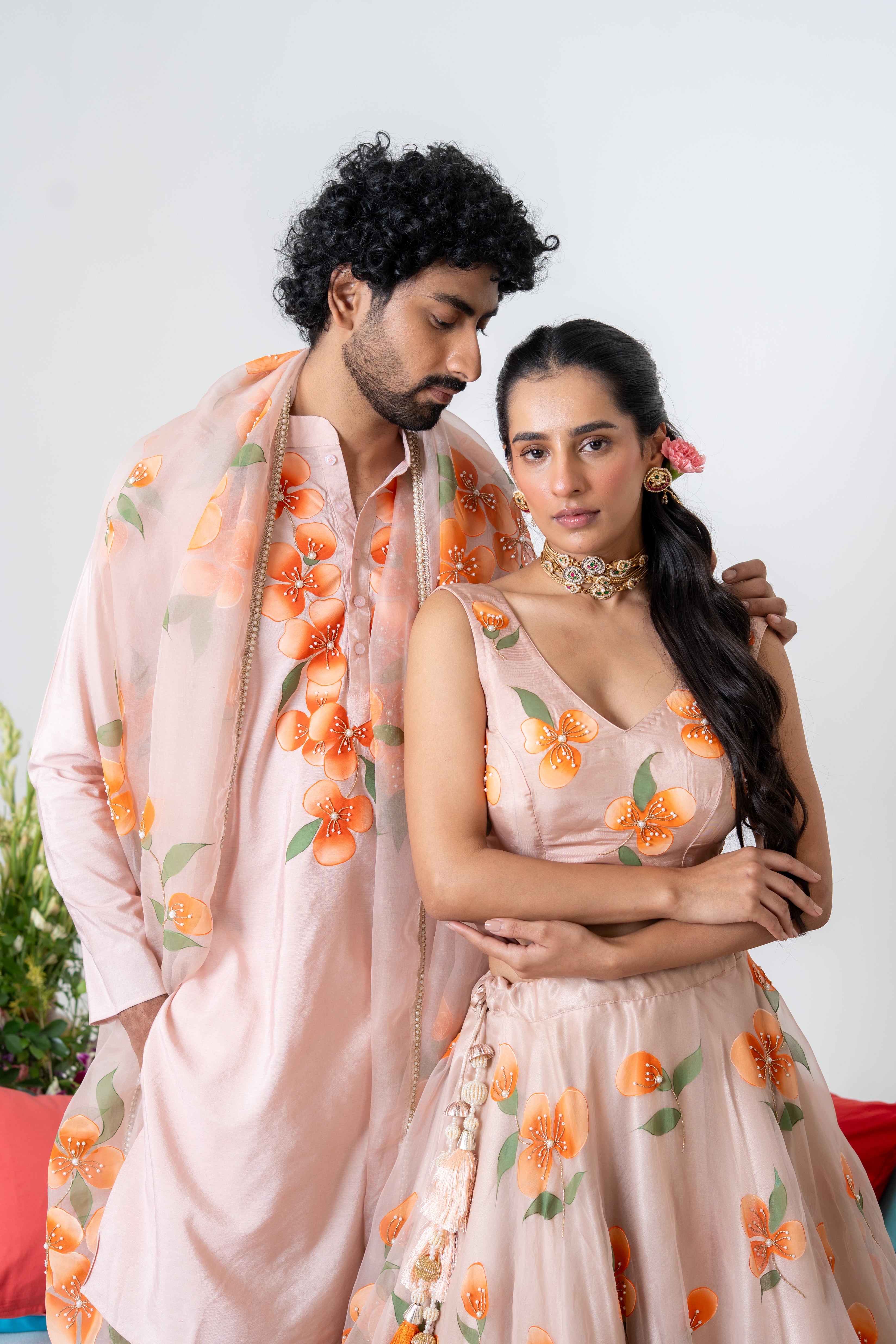 Hand-painted and Handembroiderd Peach Floral Lehenga and Kurta Twin outfit