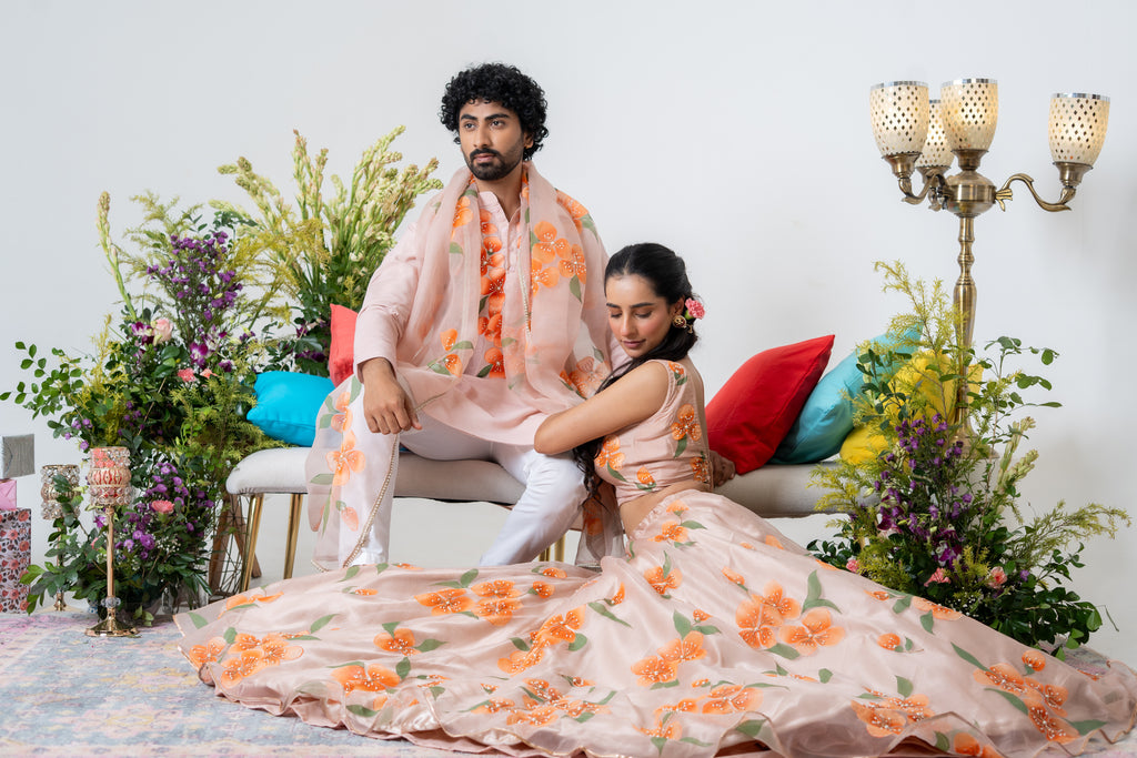 Hand-painted and Handembroiderd Peach Floral Lehenga and Kurta Twin outfit