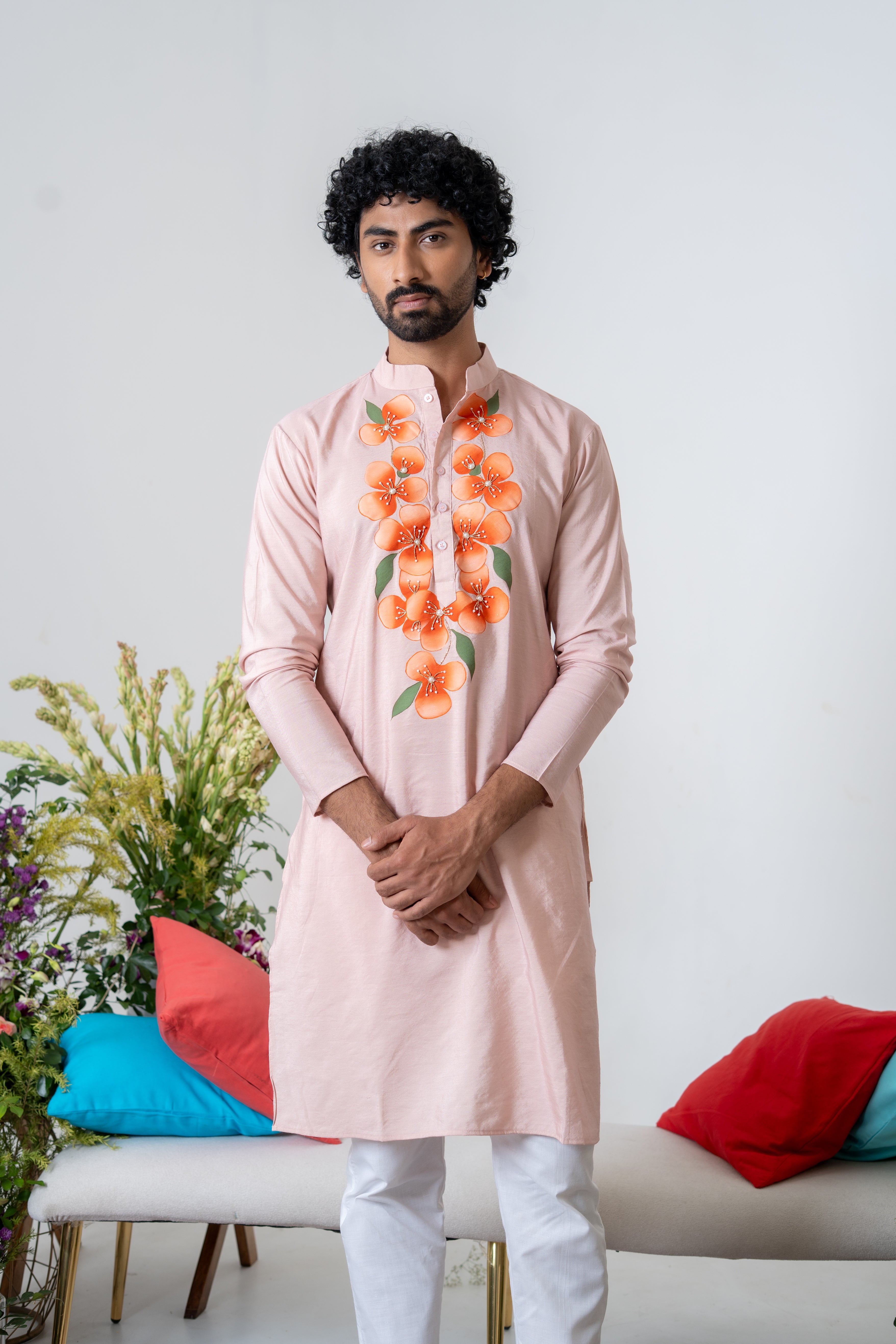 Hand-painted and Handembroiderd Peach Floral Lehenga and Kurta Twin outfit